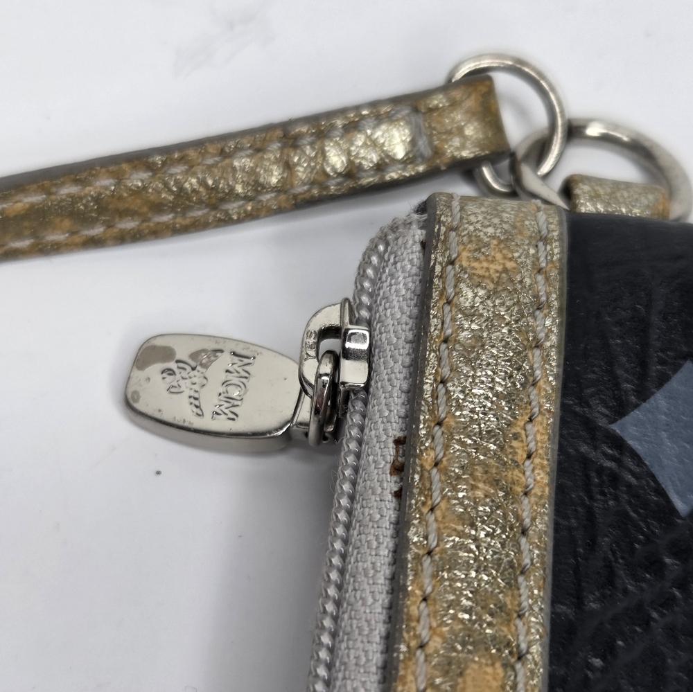 MCM Authentic Black Monogram Leather Wristlet Clutch with Gold Trim - Picture 10 of 12